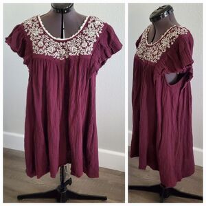 Entro Women's Dress Small Purple Embroidered 100% Cotton Short Flutter Sleeve